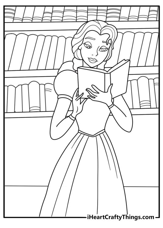 Belle reading a book in the castle library printable coloring sheet for kids