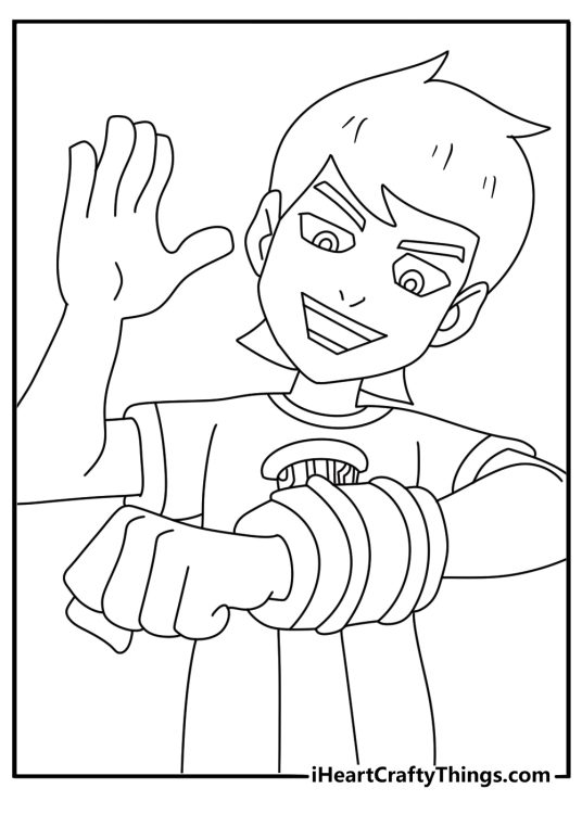 Ben 10 coloring page with Ben pressing the Omnitrix to transform