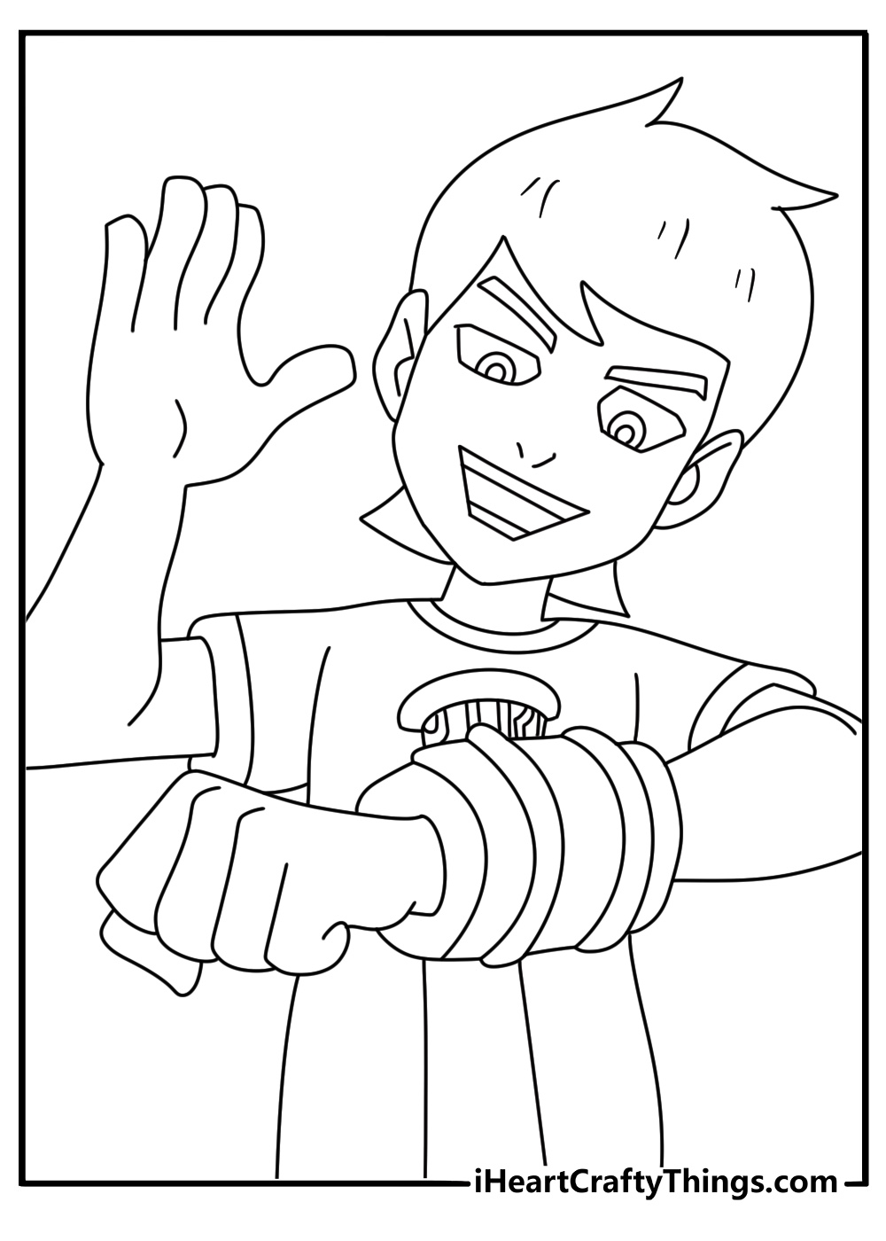 Ben 10 coloring page with Ben pressing the Omnitrix to transform