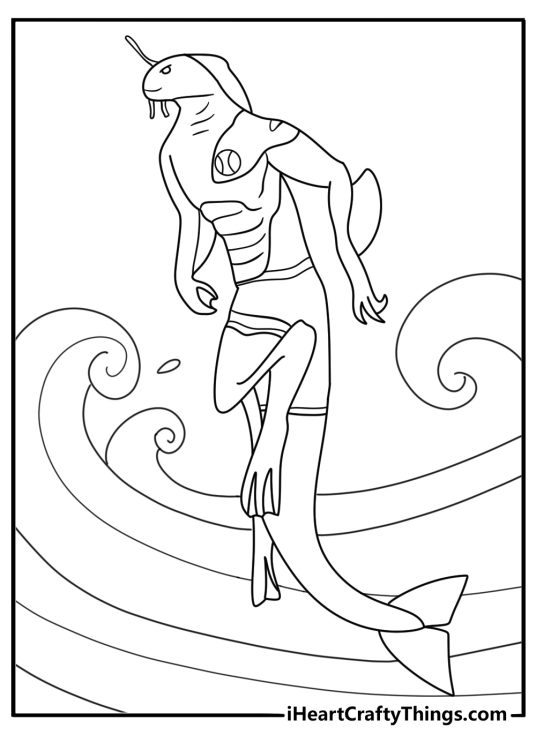 Ben 10 coloring pages for kids with Ripjaws swimming through ocean waves