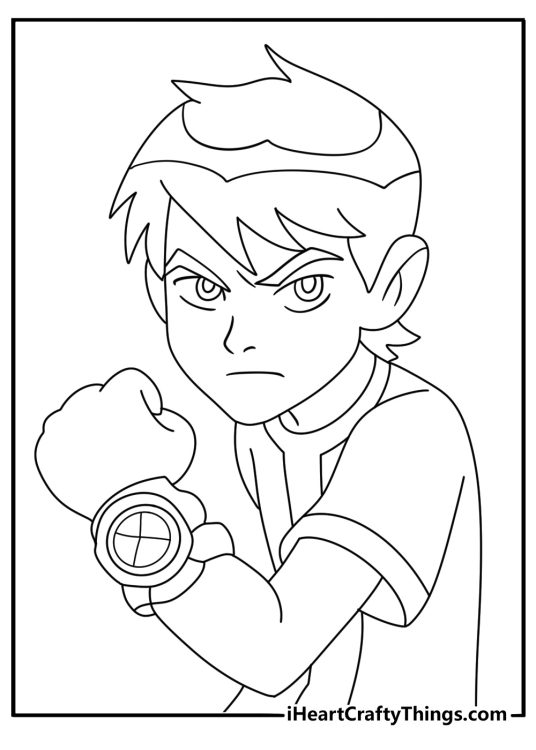 Ben 10 coloring pages free with the Omnitrix watch glowing on Bens wrist