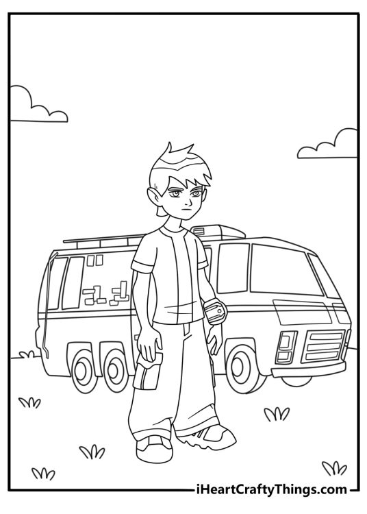 Ben 10 reboot coloring pages with young Ben standing beside the RV