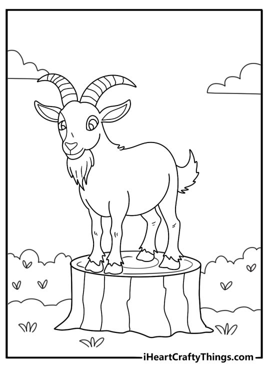 Billy goat standing on tree stump easy coloring page download