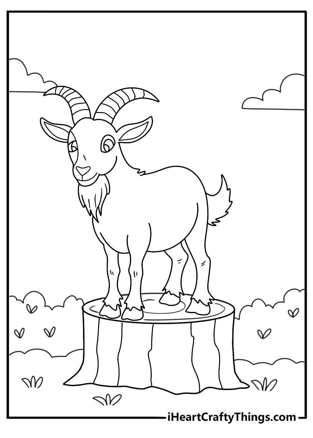 Billy goat standing on tree stump easy coloring page download