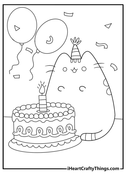 Birthday themed Pusheen coloring sheet featuring her beside a layered cake with candles and balloons
