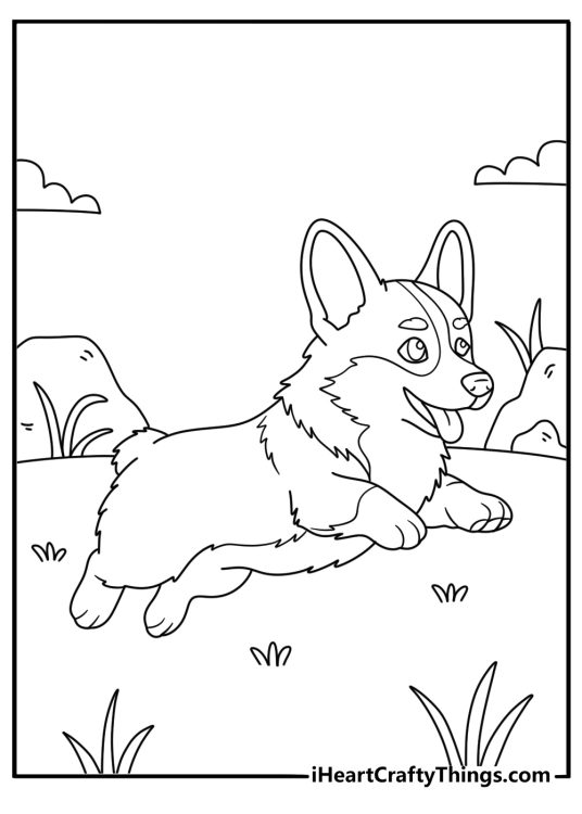 Black and white coloring sheet for kids featuring Corgi enjoying a lovely day outside
