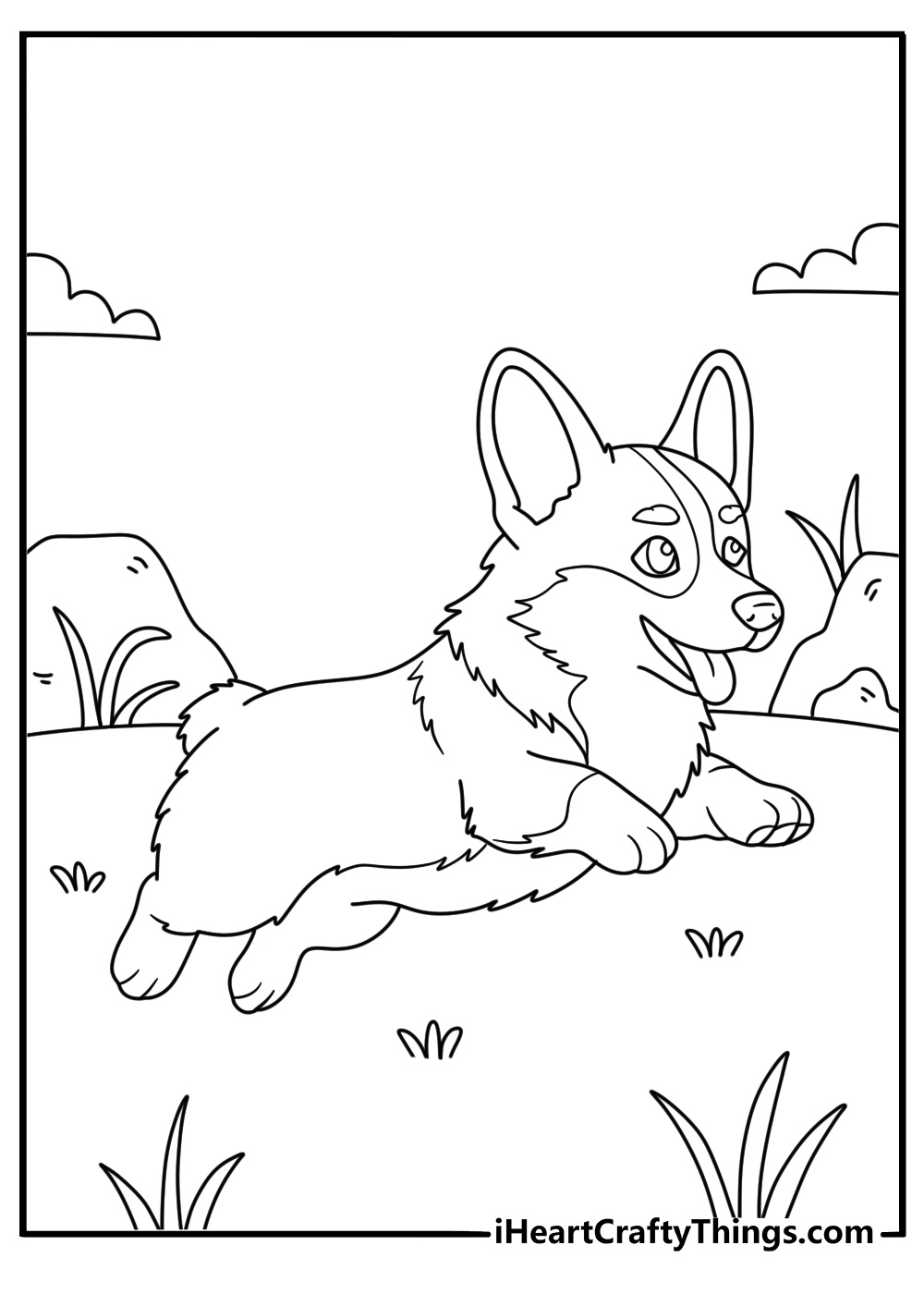 Black and white coloring sheet for kids featuring Corgi enjoying a lovely day outside