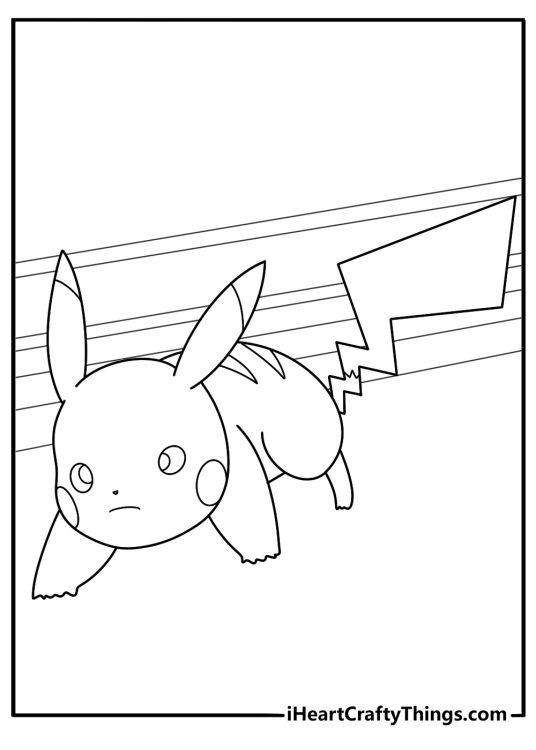 Black and white drawing for children featuring Pokemon Pikachu looking very serious