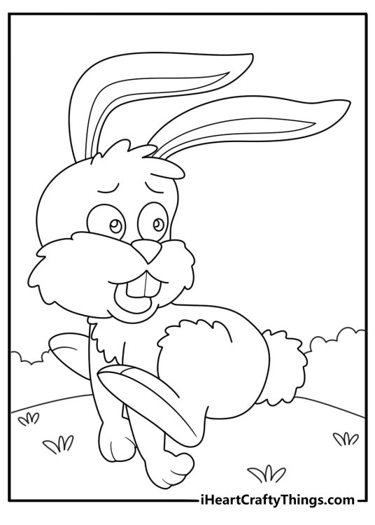 Black and white drawing for kids featuring rabbit that looks very startled by something