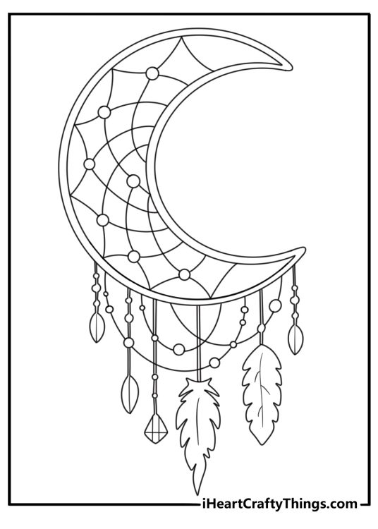 Black and white image featuring moon shaped dream catcher with various size feathers