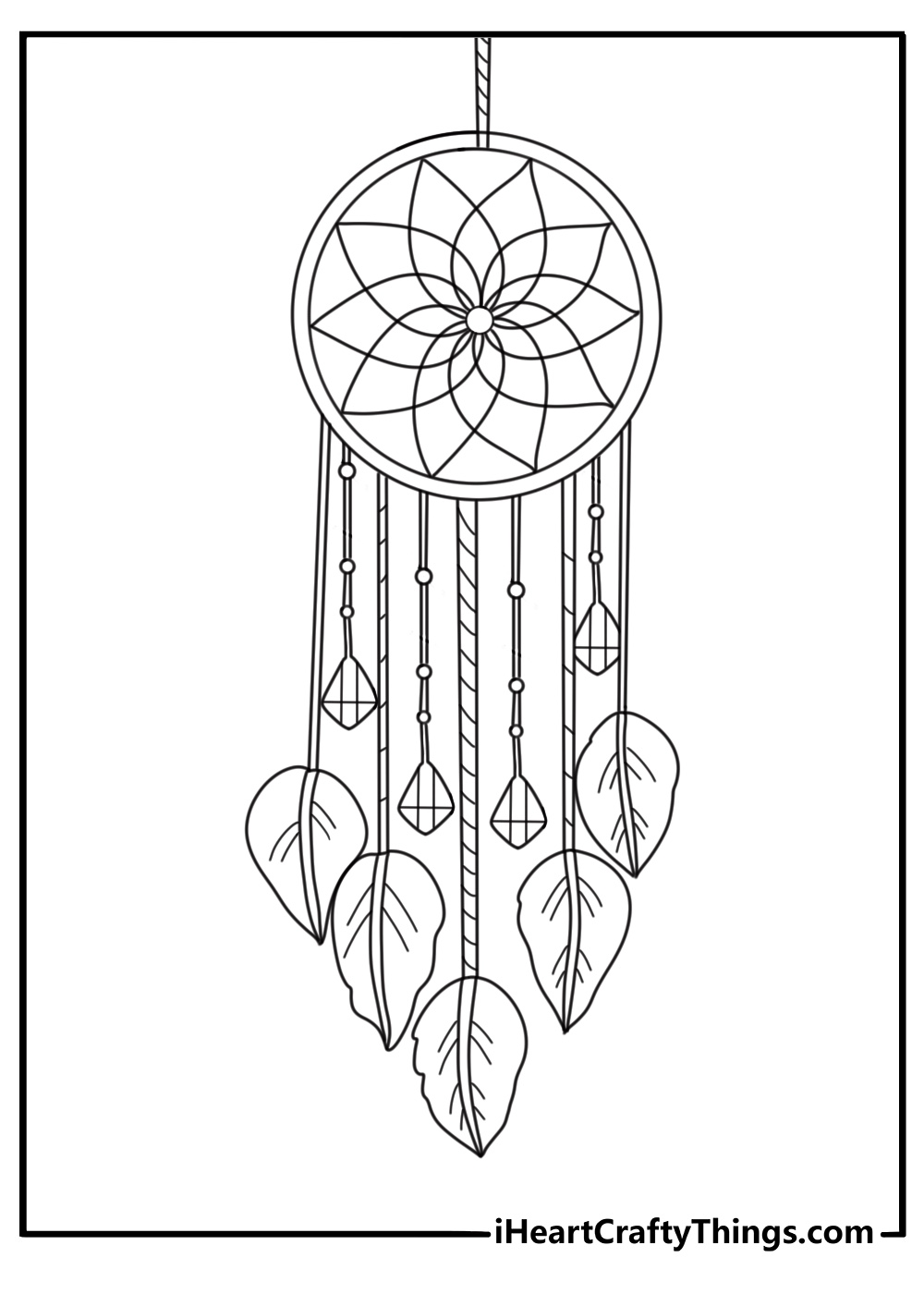 Black and white image presenting traditional dream catcher with a woven mandala decorated with beads