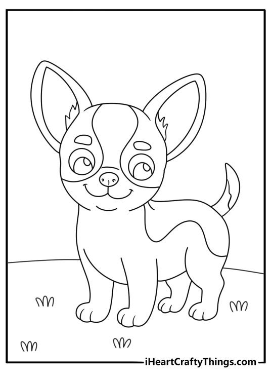 Black and white printable image of a puppy with happy facial expression and perked up ears