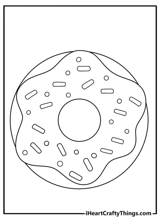 Blank donut coloring page with a simple outline and topping sections for kids
