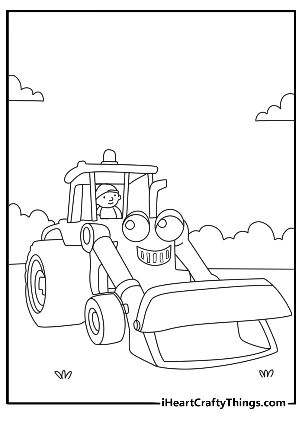 Bob the Builder coloring page with Bob driving yellow bulldozer on dirt road