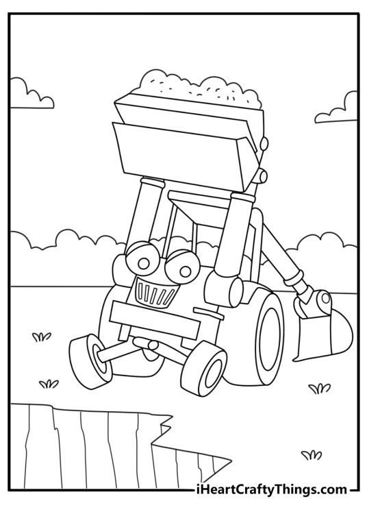 Bob the Builder coloring page with Scoop digging a deep hole at construction site