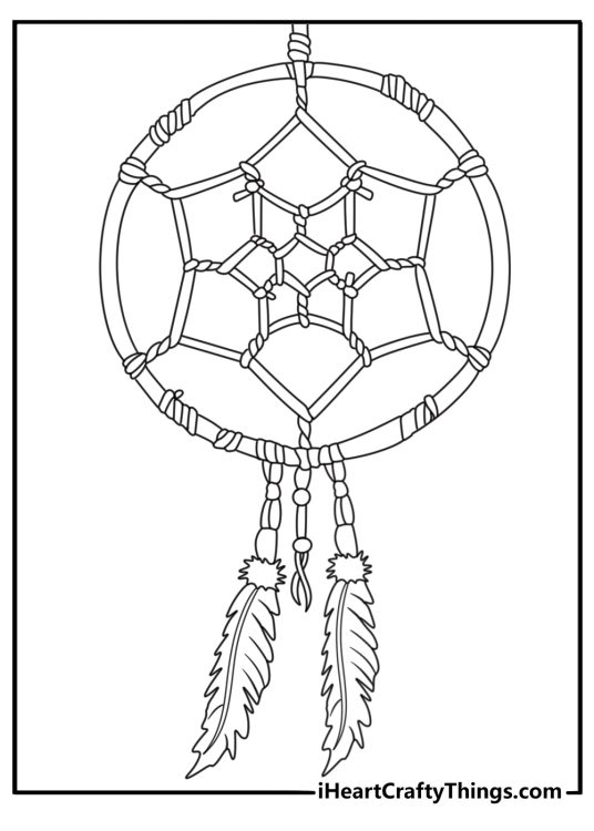 Boho dream catcher with macrame knots and bead paths printable coloring page