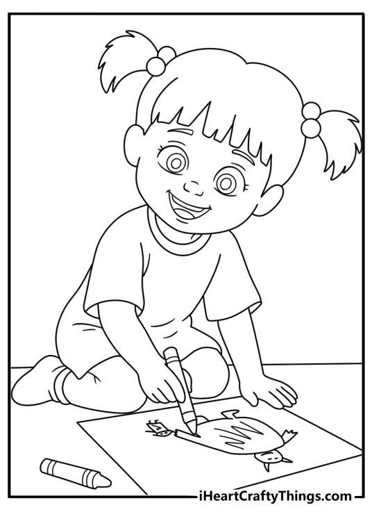 Boo draws pictures on the floor in this easy Monsters Inc coloring sheet