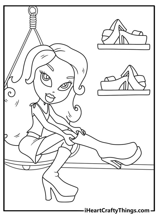 Bratz coloring page showing Yasmin choosing shoes from a fashion closet