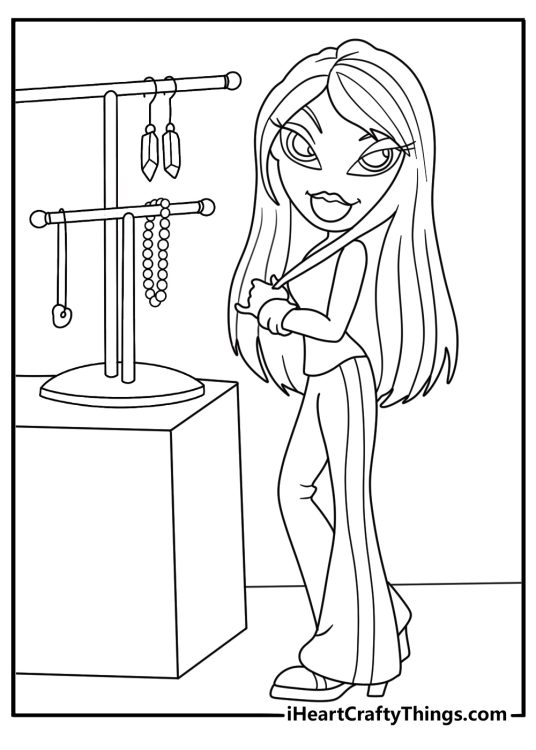 Bratz coloring pages scene showing Jade arranging jewelry on a display stand