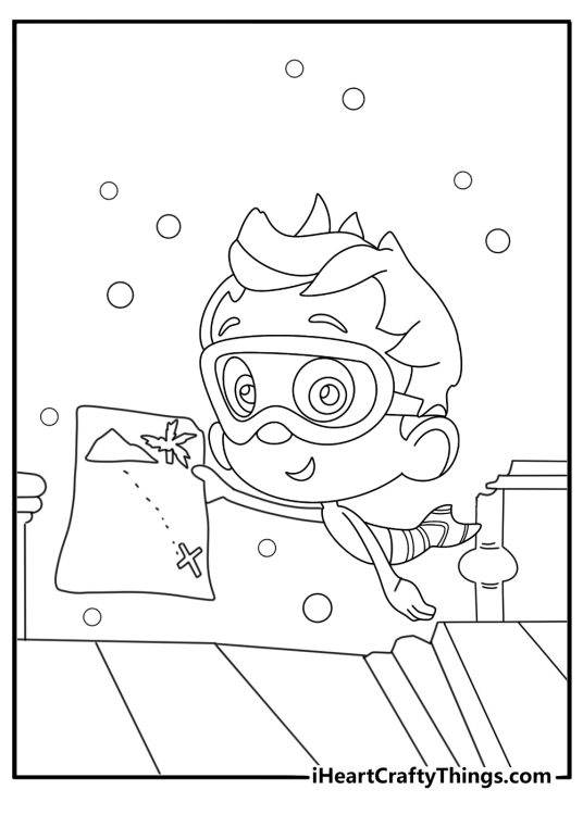 Bubble Guppies coloring pages free with Nonny reading a map near sunken ship
