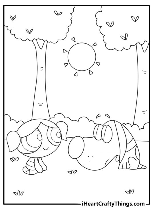 Bubbles talking to small animals in a park cute coloring sheet for kids