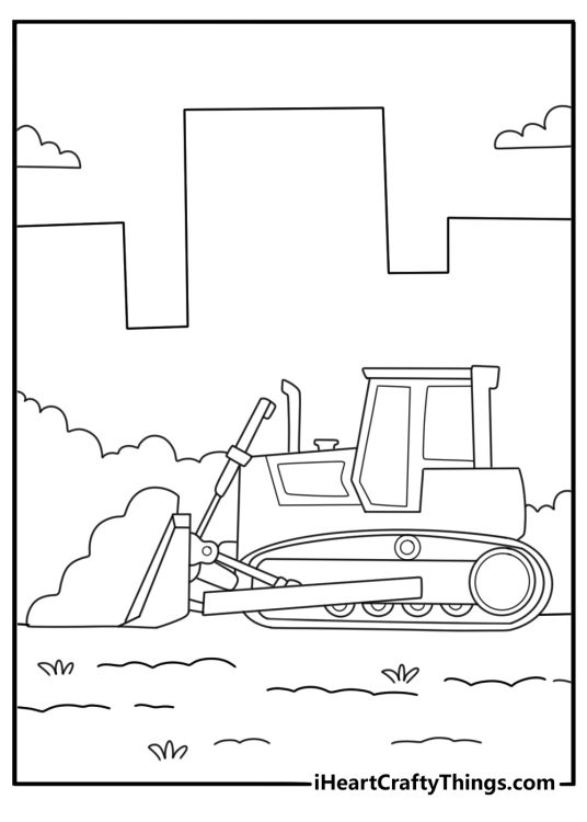 Bulldozer pushing dirt pile across ground easy construction coloring page for kids