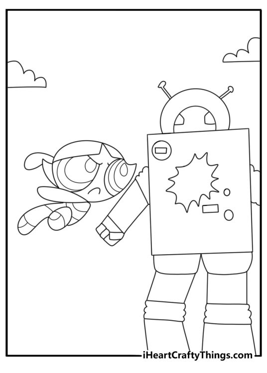 Buttercup Powerpuff Girls coloring page breaking a large robot with one punch
