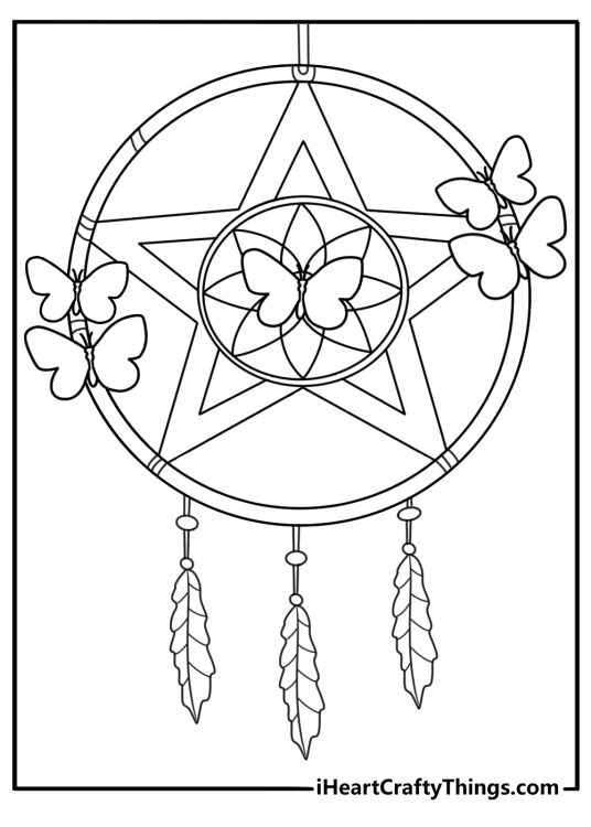 Butterfly resting on dream catcher hoop with gentle strings kawaii coloring page