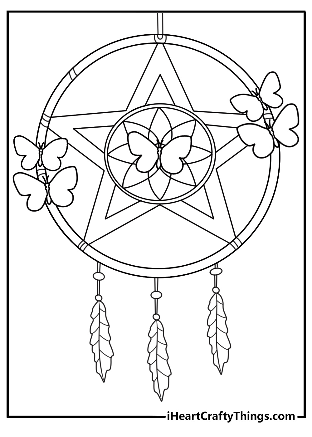 Butterfly resting on dream catcher hoop with gentle strings kawaii coloring page