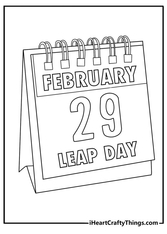 Calendar page shows February with date 29 leap year theme coloring sheet for adults pdf
