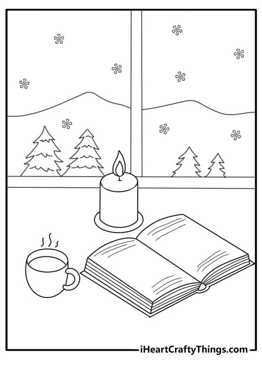 Candlelight and book by window with snowfall cozy February printable coloring page detailed
