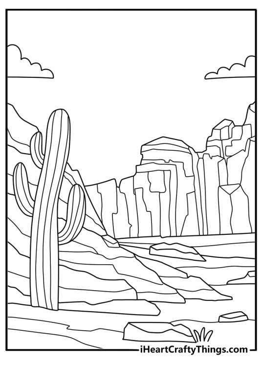 Canyon hoodoos with desert scrub detailed nature coloring page pdf