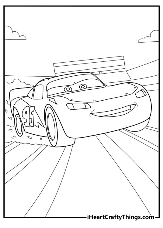 Cartoon Lightning McQueen drifting around a corner fun coloring sheet