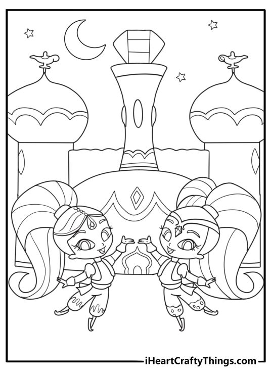 Cartoon Shimmer and Shine coloring picture featuring their palace with stars and moons