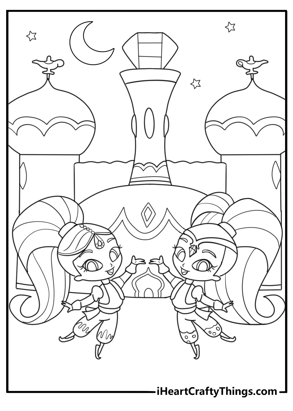 Cartoon Shimmer and Shine coloring picture featuring their palace with stars and moons