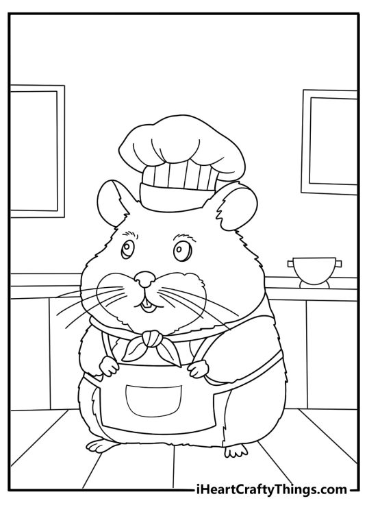 Cartoon hamster chef wearing tall hat in kitchen fun coloring printable