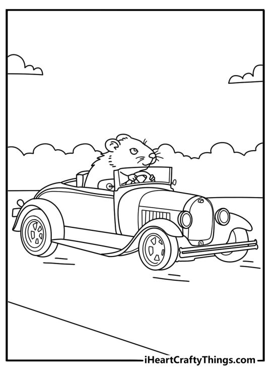 Cartoon hamster driving small Hot Rod cute coloring page for kids