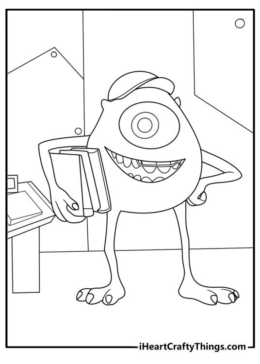 Cartoon style Monsters Inc coloring sheet with Mike studying scare floor plans