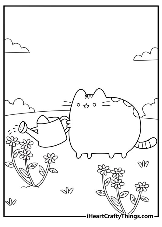 Cartoon style Pusheen coloring page with her gardening among flowers holding a little watering can