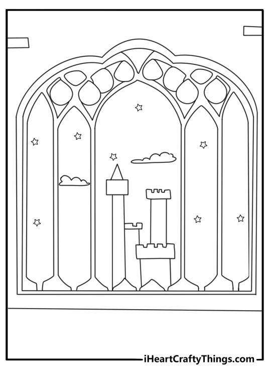 Castle exterior at night with tall towers and starry sky advanced coloring page for adults