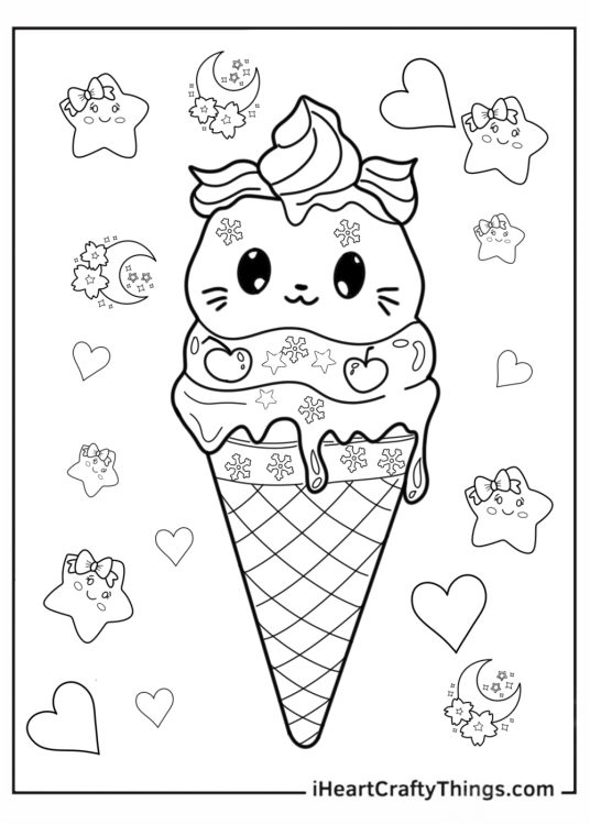 Cat Themed Ice Cream Cone To Color