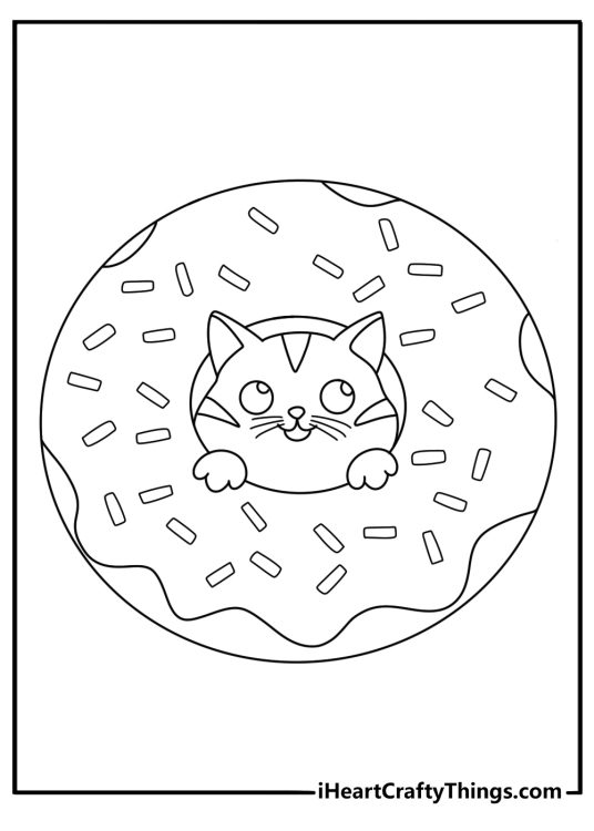 Cat with donut coloring page showing a kitten peeking through a giant donut hole
