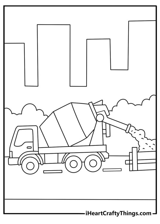 Cement mixer truck pouring concrete into frame printable coloring page