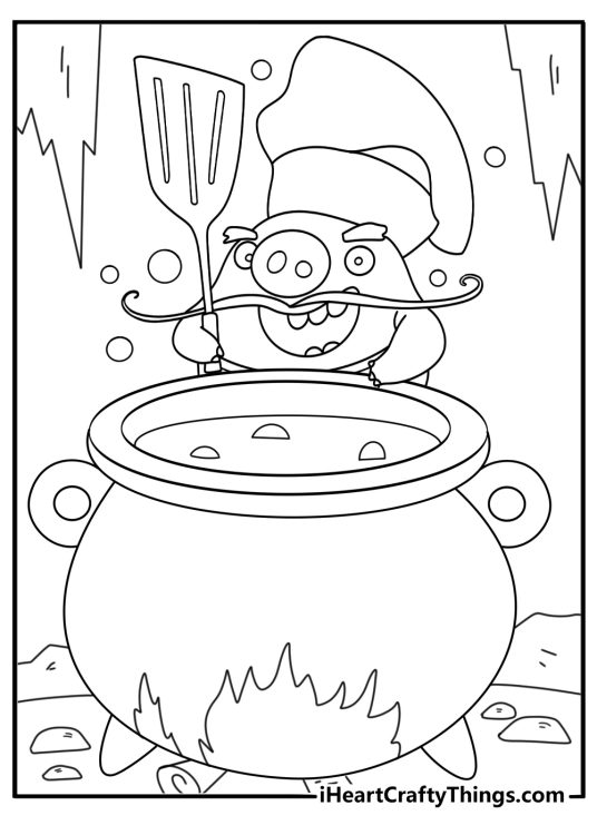 Chef Pig stirring a bubbling cauldron in a cave fun coloring page for kids