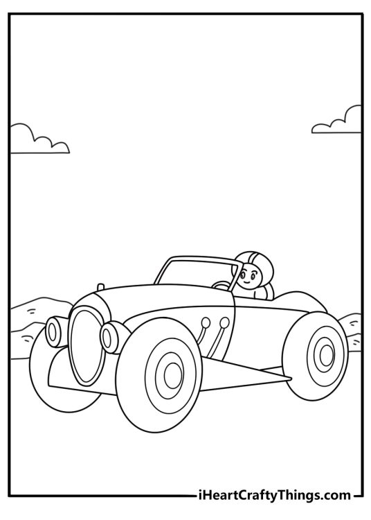 Chibi driver inside compact Hot Rod kawaii coloring sheet