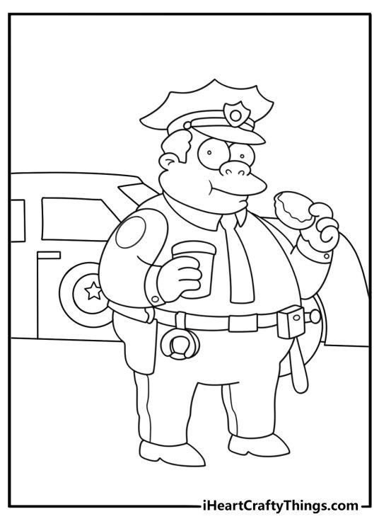 Chief Wiggum near police car easy coloring page for kids