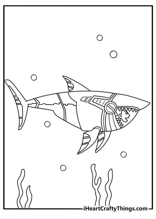 Chris explores the ocean in a shark Creature Power Suit on this action coloring sheet