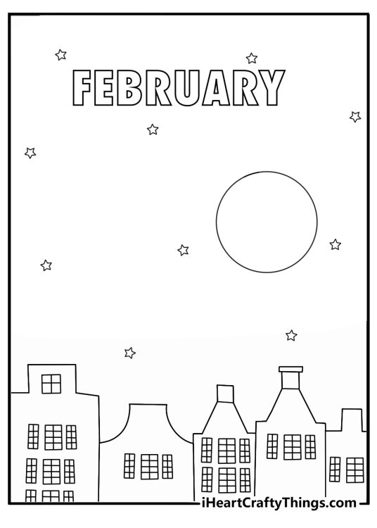 City skyline at night with snow moon and stars late winter February coloring sheet printable pdf