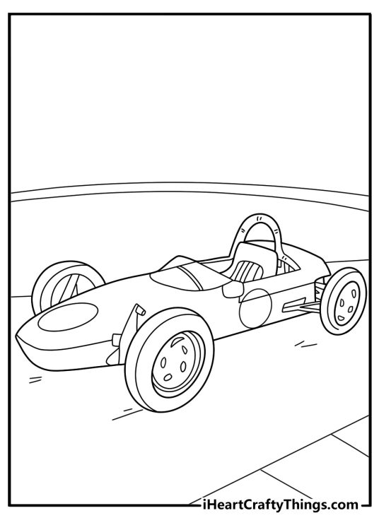 Classic open wheel formula race car with exposed suspension detailed coloring page for adults