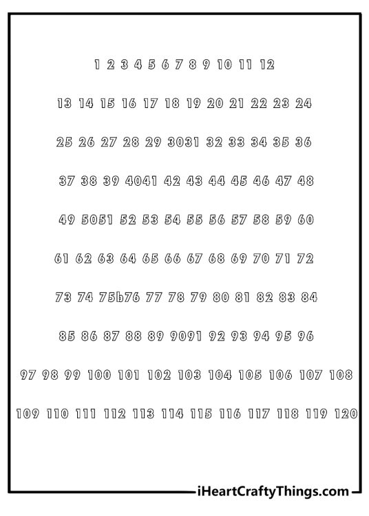 Classroom number chart coloring sheet numbers 1 to 120 in ten rows for kids pdf